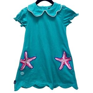 Simply Southern Kids Turquoise Starfish Appliques Scalloped Hem Dress Size 5T